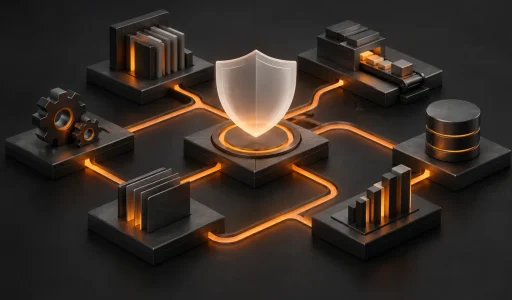 Illustration: Vernetzte Prozessmodule mit Schutzschild für Credit Management und SAP-Transformation.